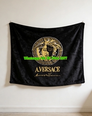 Versace Black Gold White Split Medusa Greek Key Embroidered Print Flannel Sofa Throw Blanket IMG_1297